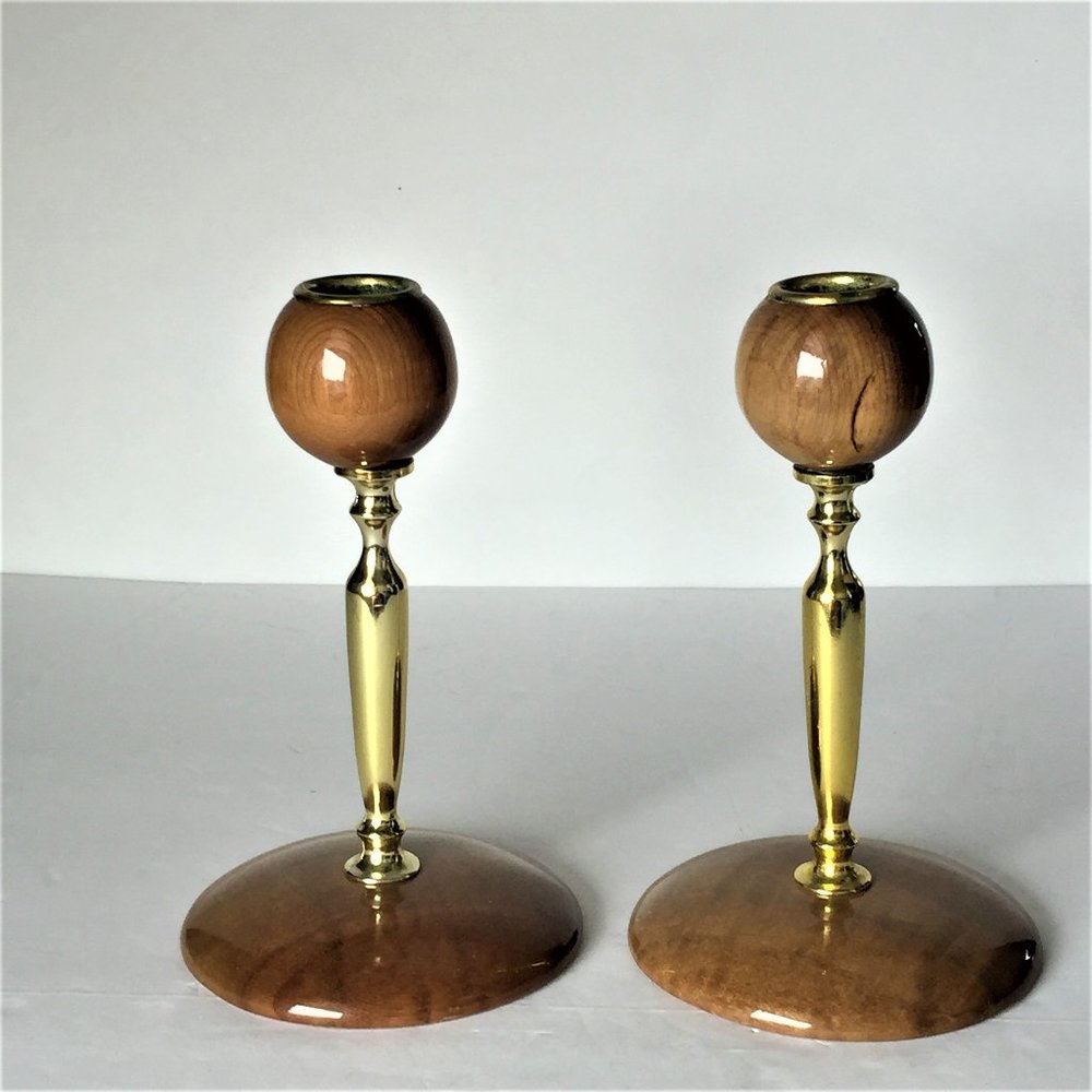 MCM Brown Wood & Gold Metal Candle Sticks Holders - Picture 3 of 5